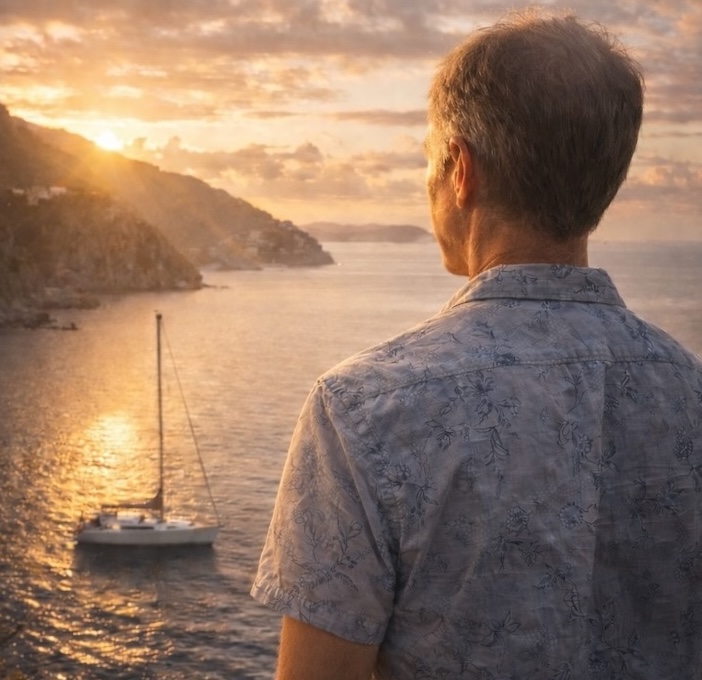 Man looking out over a coastal bay at sunset