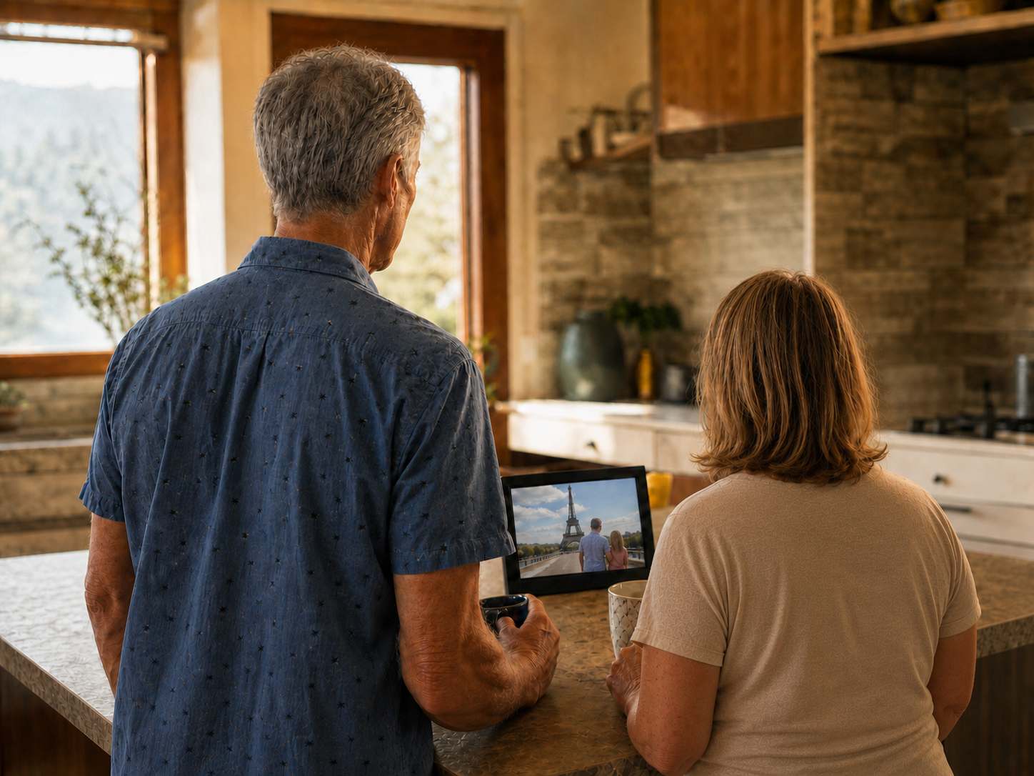 Jim and Sheryl pausing at their kitchen island to look at a photograph from Paris